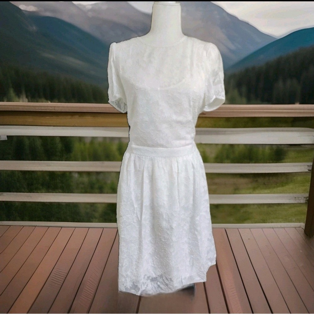 Anthropologie White Lace Short Sleeve Dress Women's Size 10 Floral Overlay